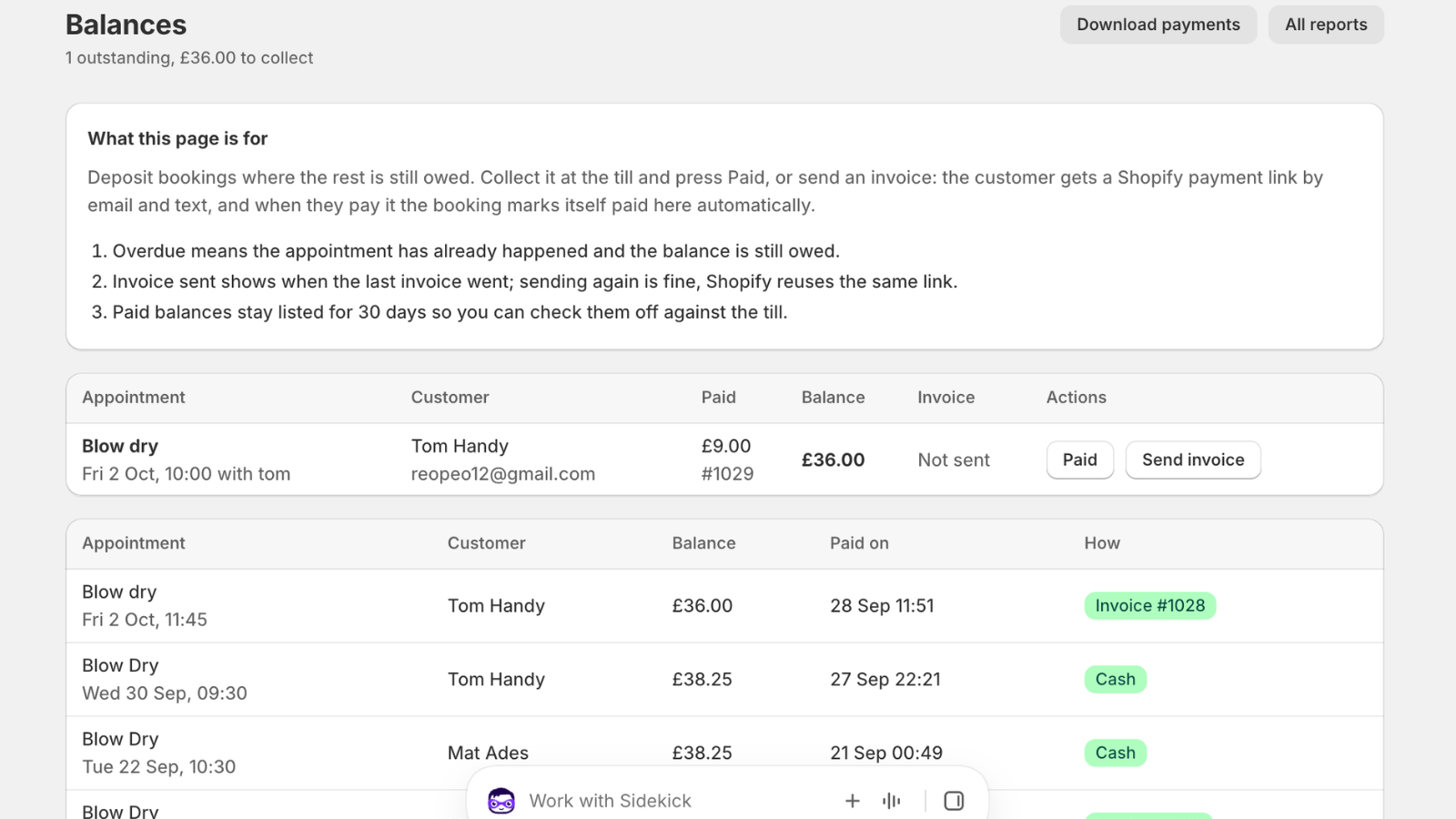 Outstanding balances tracked against each booking, ready to settle in the studio