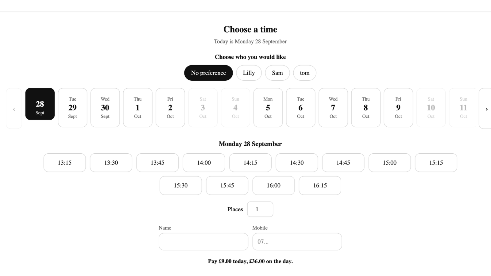 The picker on a treatment product, offering only times both the practitioner and the room are free